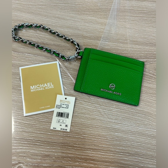 Michael Kors Leather Jet Set Charm Small ID Chain Card Holder Palm Green New - Picture 3 of 16